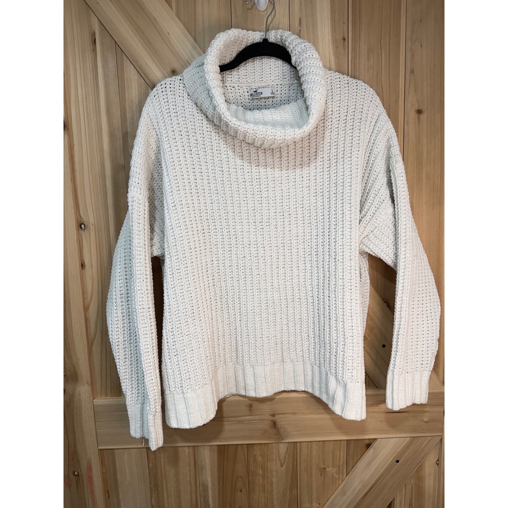 Hollister Chenille Cowl Neck Sweater Womens Large Ivory White Ribbed Pullover